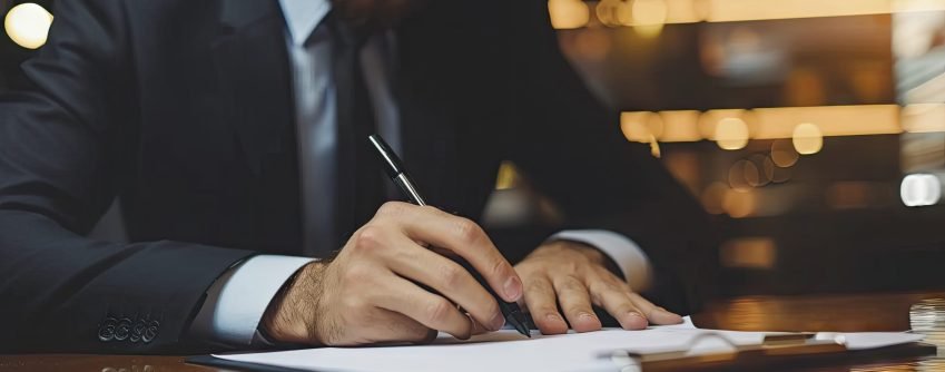 Professional Commitment: Executive Signing Important Documents in Office Setting